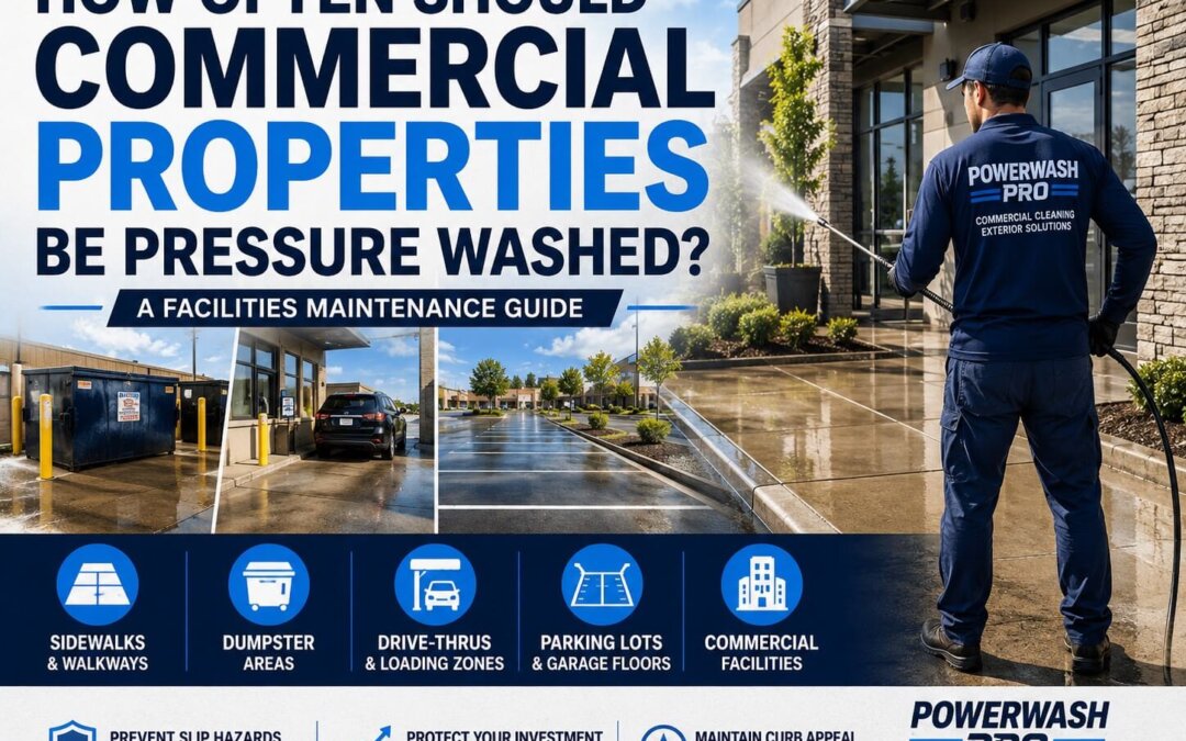 How often should commercial properties be pressure washed guide featuring commercial pressure washing, facility cleaning, restaurant cleaning, sidewalks, parking lots, and dumpster areas.