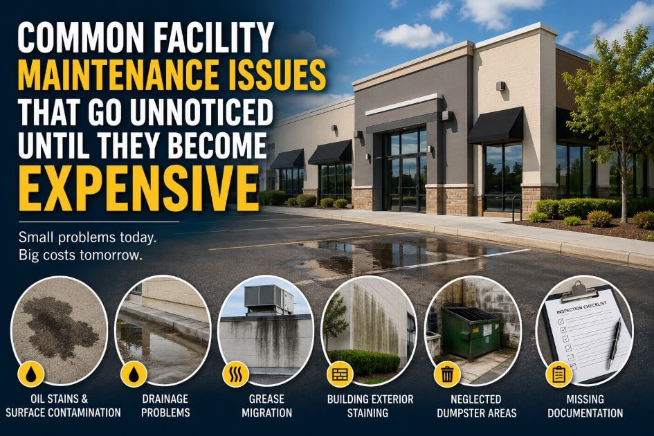 Common facility maintenance issues including oil stains, drainage problems, grease migration, building staining, dumpster area sanitation concerns, and missing maintenance documentation.