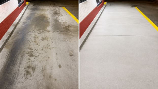 Before and after comparison of a professional restaurant drive-thru cleaning