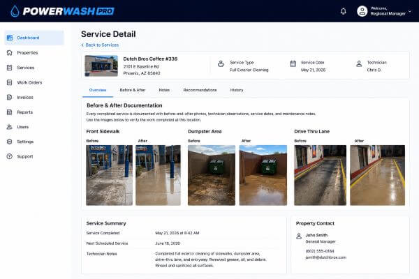 PowerWash Pro Facilities Portal showing before and after photos of restaurant sidewalk cleaning, dumpster area cleaning, and drive-thru pressure washing with service dates, technician notes, and maintenance documentation.