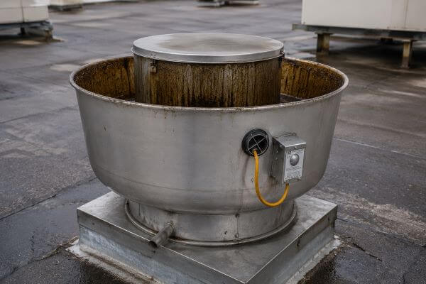 Grease-covered rooftop exhaust fan requiring cleaning