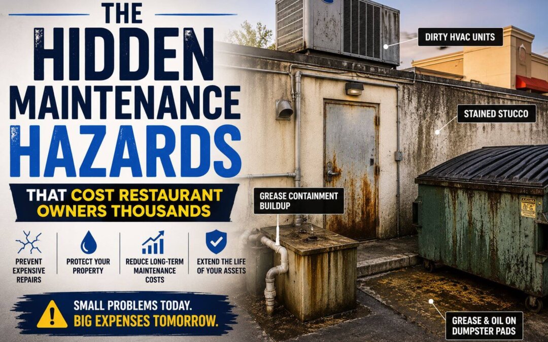 Hidden maintenance hazards at a commercial restaurant property showing rooftop HVAC contamination, grease buildup, stained stucco, deteriorating exterior surfaces, and deferred facility maintenance issues.