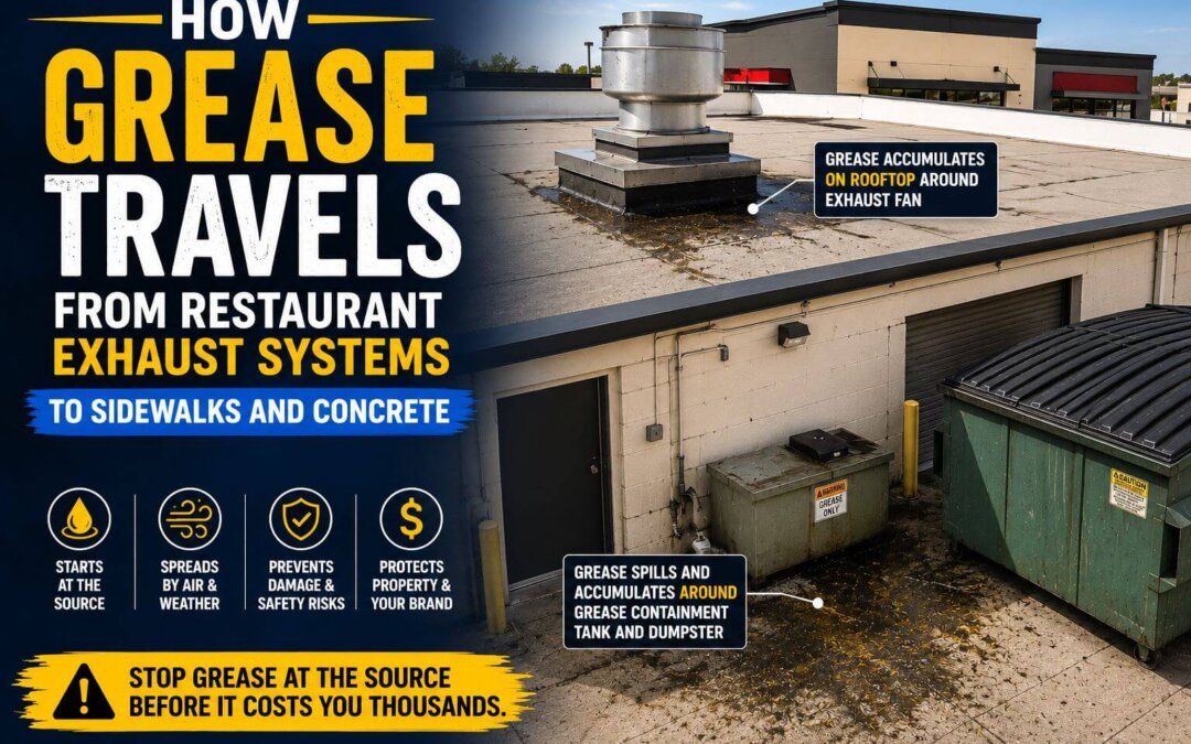 Restaurant rooftop exhaust fan with grease accumulation on roofing membrane and grease buildup surrounding a containment tank and dumpster enclosure behind a commercial restaurant.