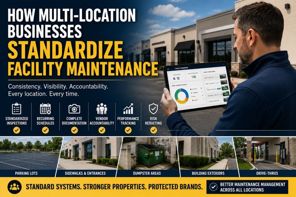 How multi-location businesses standardize facility maintenance through recurring inspections, documentation, vendor accountability, performance tracking, and centralized reporting across commercial properties.