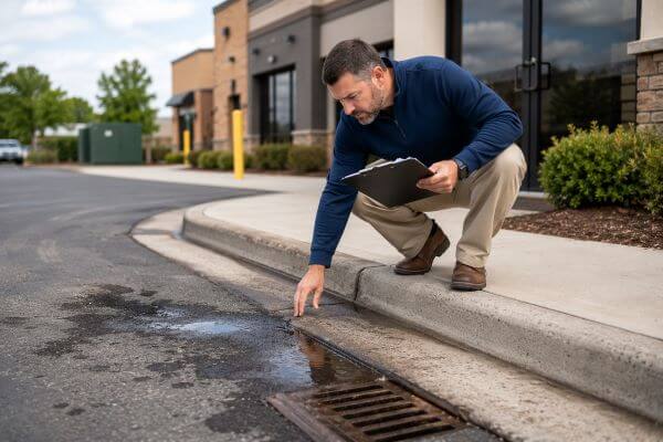 Facility manager inspecting commercial property for maintenance issues including drainage problems, oil stains, surface contamination, and asset deterioration