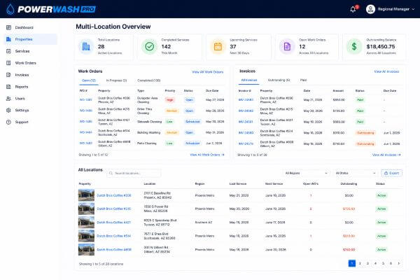 PowerWash Pro Facilities Portal service history dashboard displaying restaurant maintenance records, technician notes, inspection reports, photo documentation, maintenance trends, and property service history timeline.