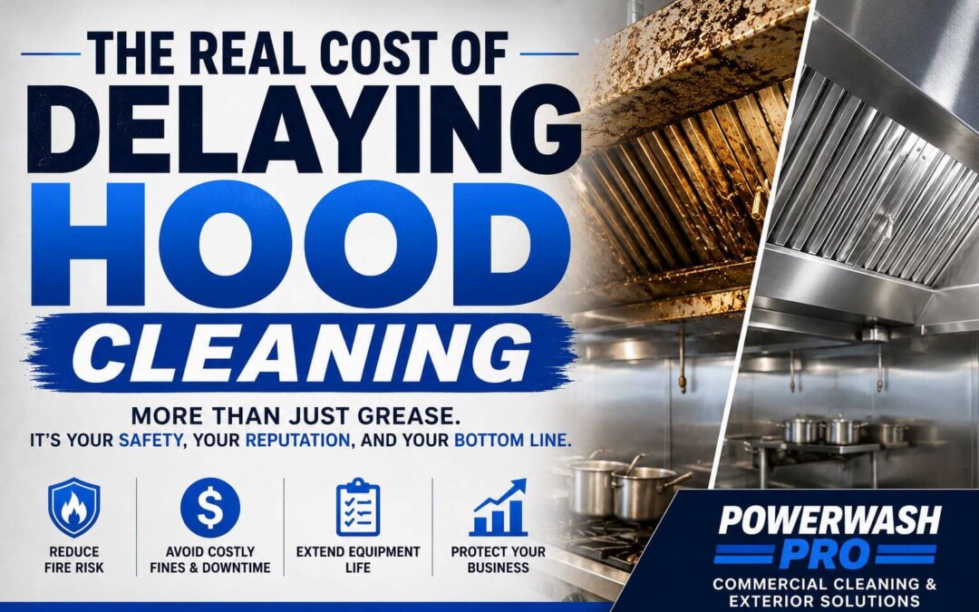 Restaurant kitchen exhaust hood system with visible grease buildup illustrating the hidden costs and fire risks of delaying professional hood cleaning service.