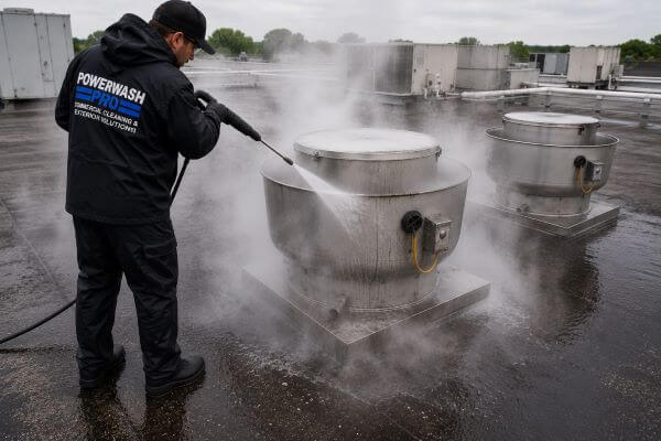 Professional hood cleaning technician performing hot-water cleaning