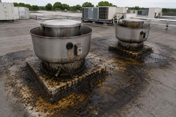 Restaurant rooftop with visible grease staining around fan housing