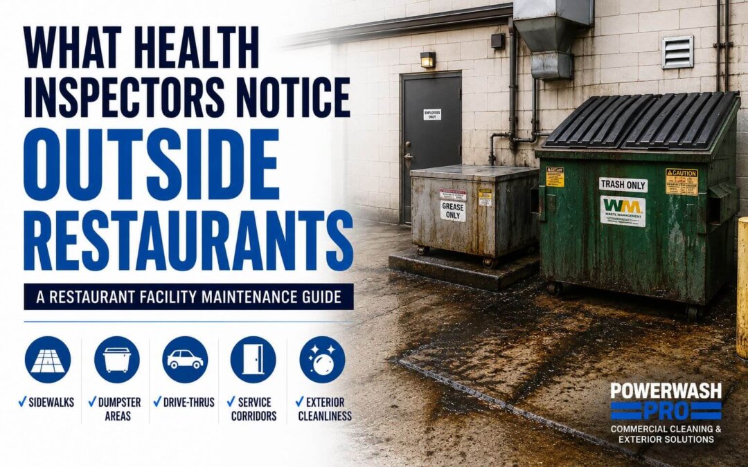 Restaurant back service area with grease container, commercial dumpster, and rear entrance showing the exterior maintenance issues health inspectors often notice during facility inspections.
