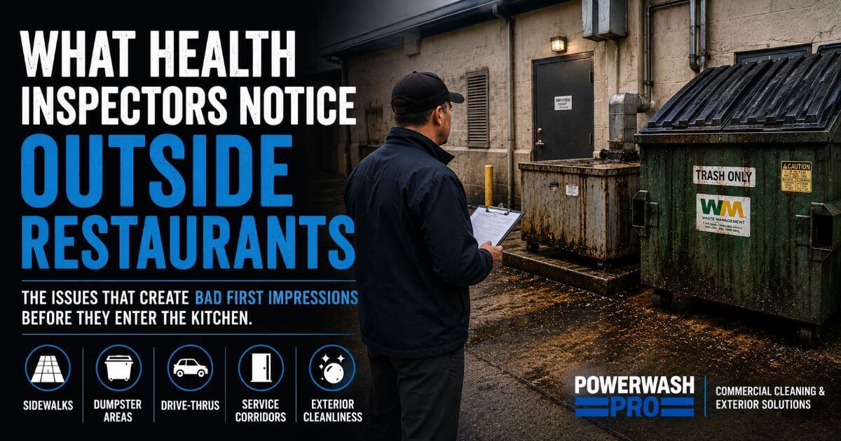 Health inspector evaluating a restaurant exterior