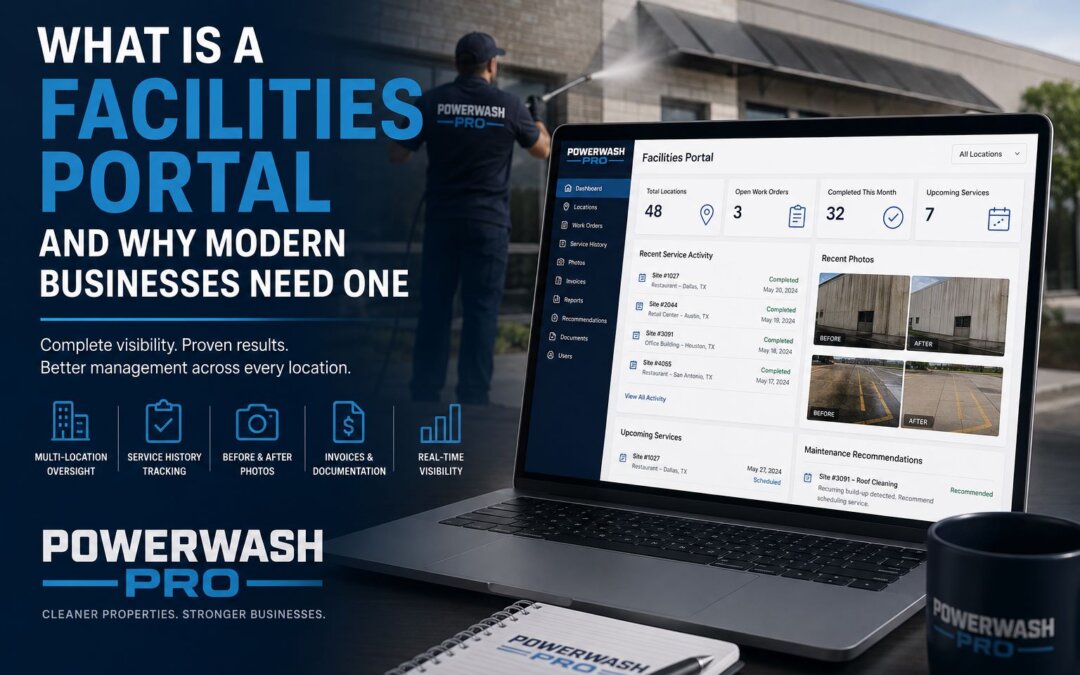 PowerWash Pro Facilities Portal helping facility managers monitor multi-location maintenance, facility cleaning services, work orders, service history, invoices, and before-and-after documentation across commercial properties.