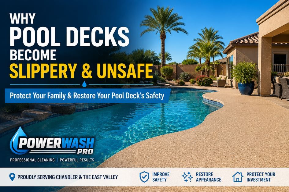 Professional pool deck cleaning in Chandler Arizona by PowerWash Pro showing a clean Kool Deck surface and backyard swimming pool to eliminate slippery buildup, algae, dirt, oils, and hard water deposits throughout the Phoenix East Valley.