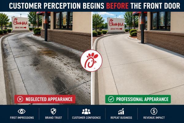 Side-by-side comparison of a Chick-fil-A drive-thru showing normal traffic-related staining and gum buildup versus professionally cleaned concrete, illustrating how property appearance influences customer perception and brand image.