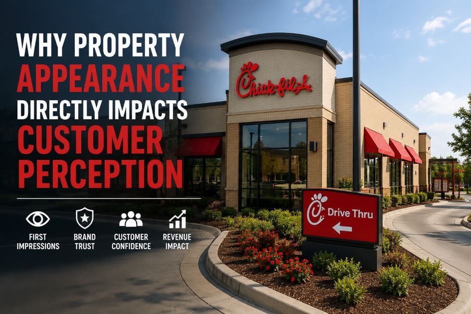 Clean and professionally maintained Chick-fil-A restaurant exterior demonstrating the importance of commercial property appearance, facility maintenance, and positive customer first impressions.