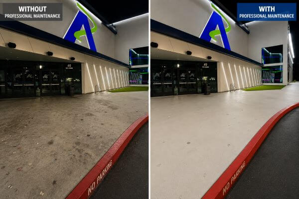 Commercial facility entrance showing the difference between reactive maintenance and preventive facility cleaning, comparing light traffic staining and gum buildup against a professionally maintained property with clean sidewalks and improved curb appeal.
