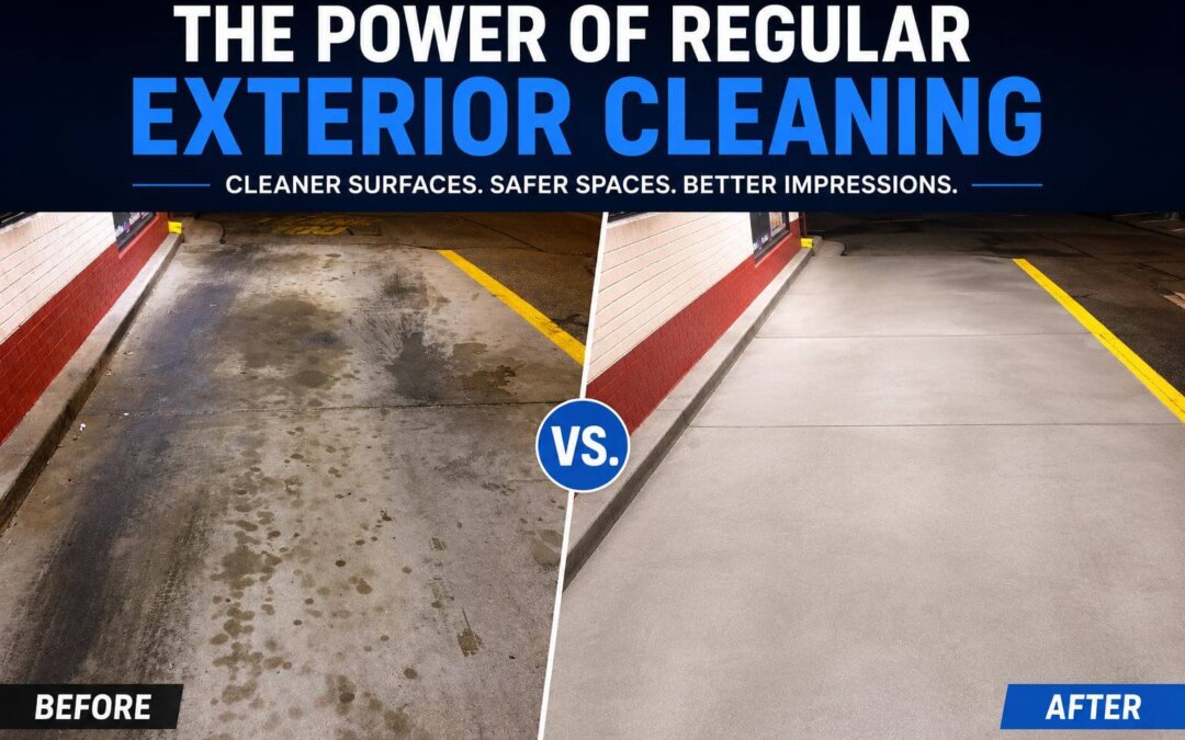 Before and after restaurant drive-thru sidewalk cleaning showing removal of heavy traffic buildup, grease stains, and surface discoloration through professional pressure washing.